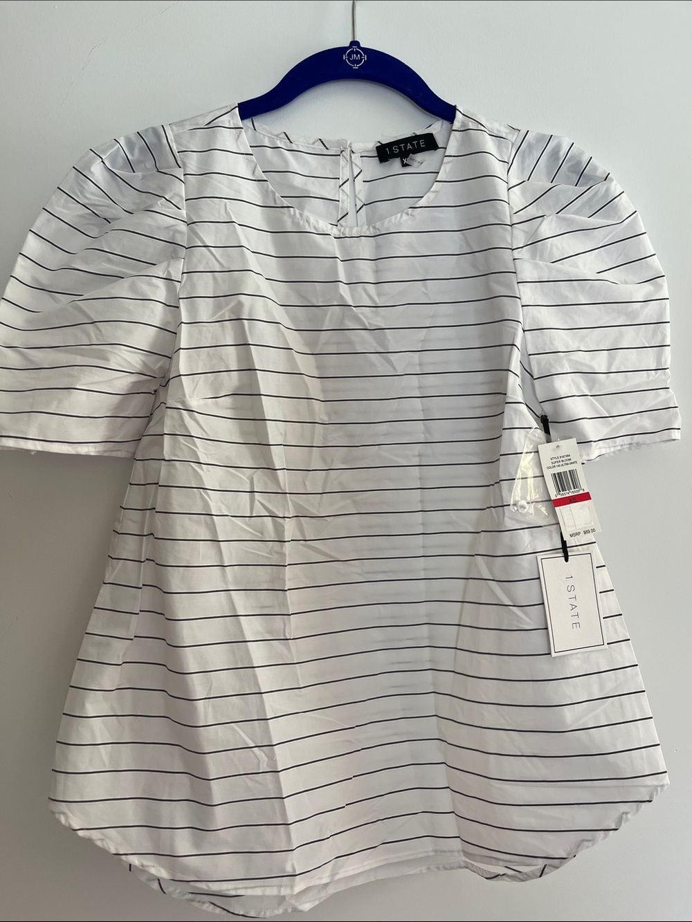 STATE White Top with Navy Pinstripes and Puff Sleeves